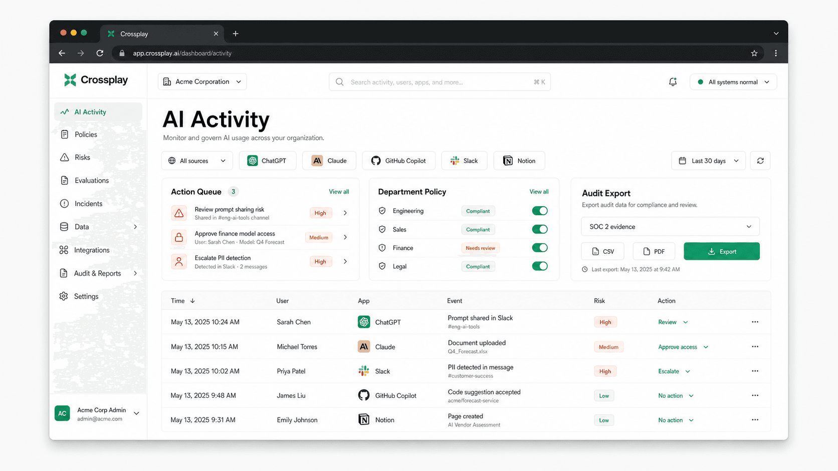 Crossplay AI Activity console